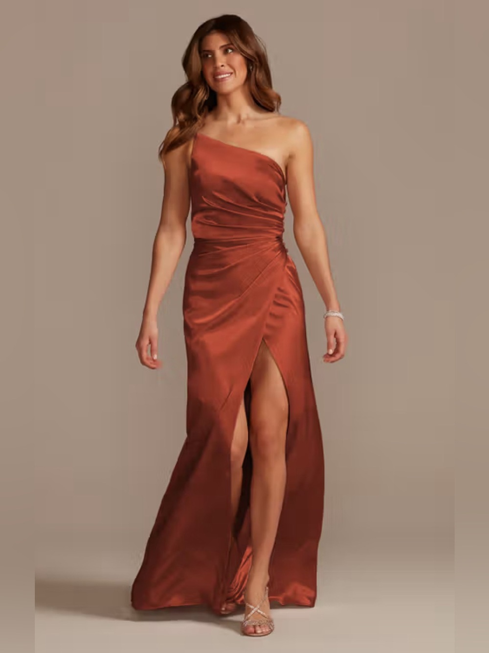 Galina Signature Charmeuse One-Shoulder Gown Cinnamon 4 Boho Fall Wedding Formal